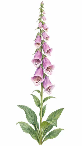 A single tall foxglove stem carries a spire of drooping lilac pink bells spotted maroon above a basal rosette of leaves in fine botanical watercolor.