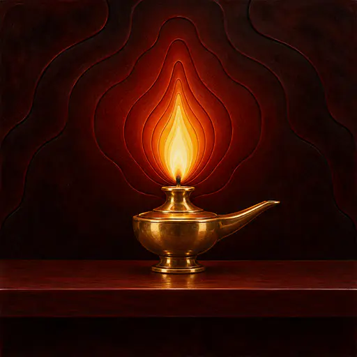 A small brass oil lamp with one flame rising from its wick on a plain shelf in nested cut lacquer layers of lemon, amber, vermilion and near-black.