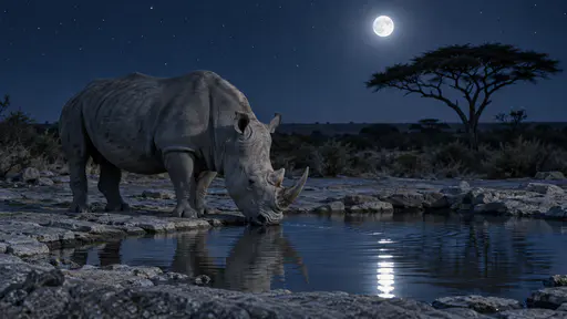 A single white rhino stands drinking at a shallow waterhole under a bright moon in cool blue night tones, the flat grey rim and pool silvered, an acacia silhouette against a deep blue starry sky.