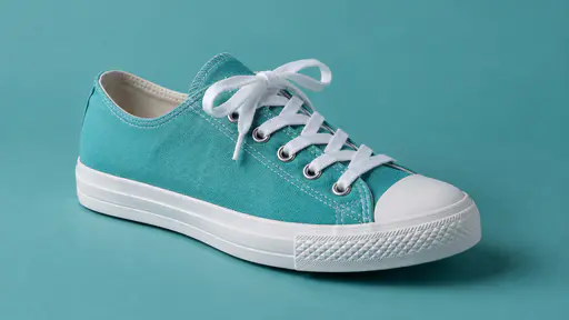 A single turquoise canvas low-top sneaker with white laces, a white rubber toe cap and a white midsole, shown at a three-quarter angle on a seamless teal backdrop with a soft contact shadow beneath it.