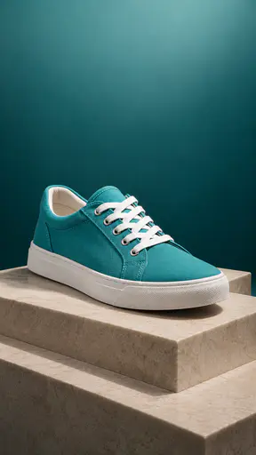 A turquoise canvas low-top sneaker with white laces and sole on a honed stone two-tier pedestal, three-quarter view, seamless teal backdrop fading lighter upward.