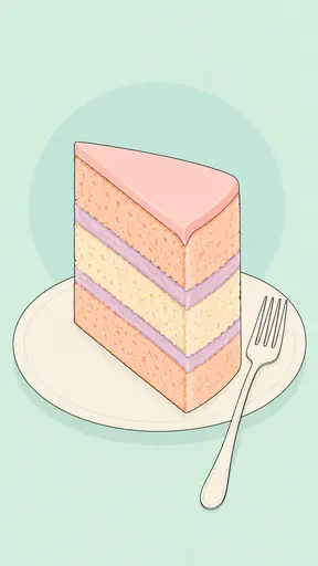 A single wedge slice of three layer sponge cake with lavender frosting and a peach glaze sits on a small plate with a fork on a pale mint ground in fine black lines.