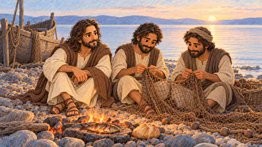 A figure in a linen tunic and brown mantle sits on a lake shore beside two fishermen mending a brown net near a small fire and a wooden boat under a pale dawn.