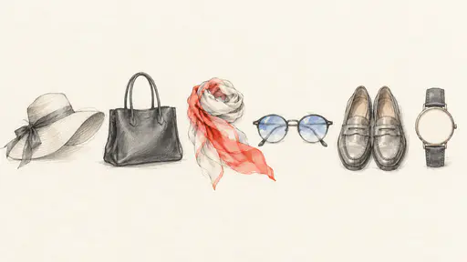 Six separate accessories, a wide brim hat, a leather tote, a silk scarf, round sunglasses, loafers and a watch with a blank face, are drawn in delicate graphite and ink with coral red accents on ivory.