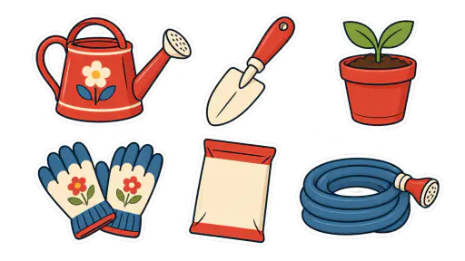 Six separate die cut garden stickers, a watering can, a trowel, a flowerpot with a sprout, gloves, a plain seed packet and a hose coil, each with a white contour are shown on transparent alpha.