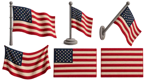 Six matching felt American flag assets, a flying flag, a standing desk flag, a corner bracket flag, a draped flag, a header strip and a footer strip, are laid out on a transparent sheet.