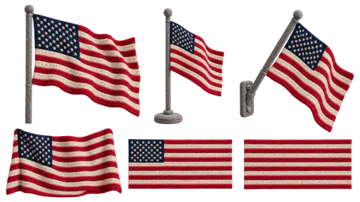 Six matching knitted American flag assets, a flying flag, a standing desk flag, a corner bracket flag, a draped flag, a header strip and a footer strip, are laid out on a transparent sheet.