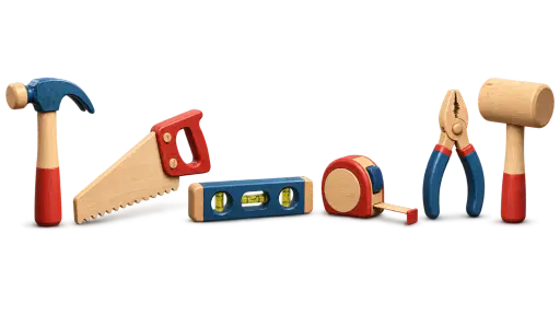 Six separate painted wooden workshop tools, a claw hammer, a hand saw, a spirit level, a tape measure, pliers and a wooden mallet, are shown as a matching set on transparent alpha.