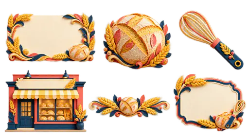 A contact sheet shows a six piece cut paper bakery opening kit, a hero background, loaf and whisk objects, a storefront panel, a wheat divider and an empty text frame, on a transparent background.