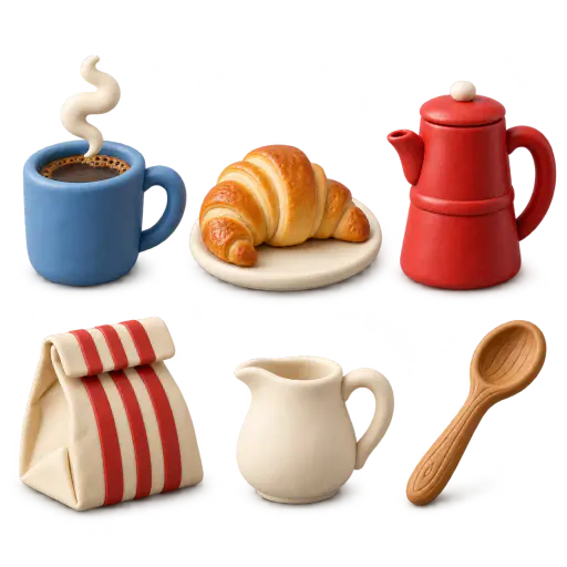 Six separate polymer clay cafe objects, a blue mug, a plate with a croissant, a red coffee pot, a striped pastry bag, a cream pitcher and a wooden spoon, are shown as a matching set on transparent alpha.