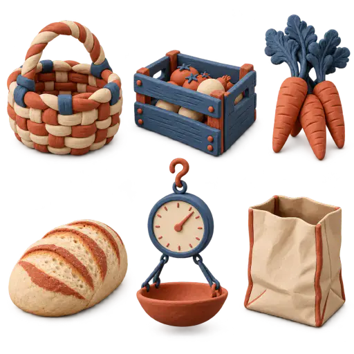 Six separate soft clay market objects, a woven basket, a produce crate, a bunch of carrots, a loaf of bread, a hanging scale and a paper bag, are shown as a matching set on transparent alpha.
