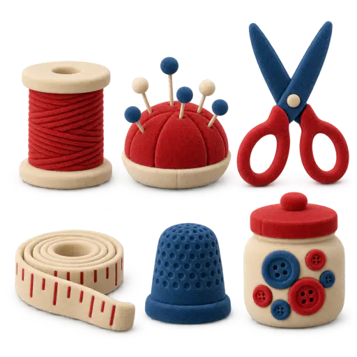 Six separate velvet flocked sewing objects, a spool of thread, a pin cushion, scissors, a measuring tape, a thimble and a button jar, are shown as a matching set on transparent alpha.