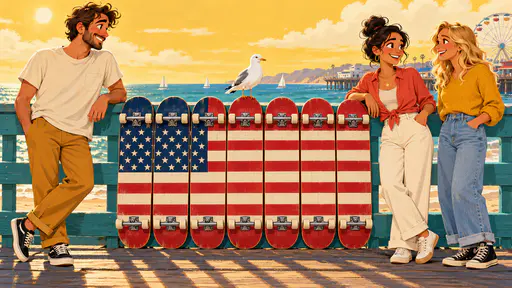 Row of skateboards on a boardwalk rail with decks completing one big flag of stripes. Thirteen stripes and a neat canton meet sun and water.