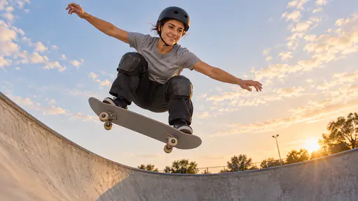 A woman in a grey t-shirt, black trousers, helmet and knee pads mid-air above a concrete bowl at sunset, board tilted under her feet, arms spread.