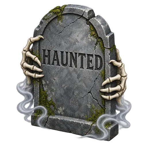 A cracked rounded-top gray tombstone engraved HAUNTED is gripped by two ivory skeletal clawed hands, with green moss and looping silver mist on transparency.