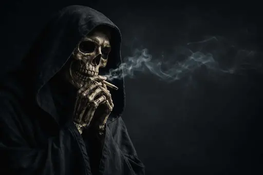 Close, moody portrait of a hooded skeletal figure smoking in a low-lit studio, composed for a 3:2 poster-cover with deep shadows and drifting smoke for atmosphere.