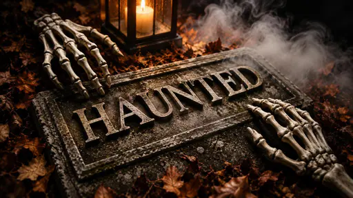 An aged rectangular stone tombstone lies diagonally on brown autumn leaves with raised serif letters spelling HAUNTED. Two skeletal hands rest at opposite edges. A candle lantern glows at the upper left, and pale mist curls over the upper right in deep shadows.