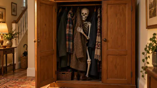 Skeleton in the closet: a frontal playful interior photograph of a half-open wooden wardrobe in a warm hallway, inside which an artificial articulated classroom skeleton stands among hanging coats and scarves, one bony hand pulling a coat across its chest so most of the ribcage stays hidden.