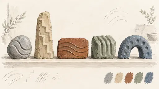A sketchbook page shows five different small stone carvings in a row, a pebble, a pillar, a flat tile, a squat block and an arch, each with a different abstract relief.