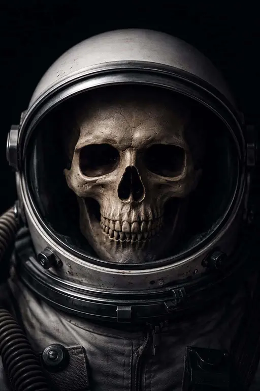 Skull astronaut headshot in low-key portrait photography, vertical 2:3 framing, evoking claustrophobic horror and existential isolation for poster use.