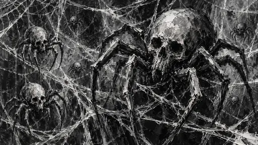 Greyscale layered spider webs with skull-bodied spiders.