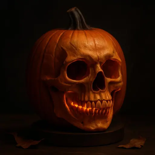 A close, artful study of a Halloween pumpkin skillfully carved into a skull, photographed with dramatic, spooky lighting. The image balances sculptural detail and atmospheric mood, turning a familiar jack-o'-lantern into a tactile, haunting portrait.