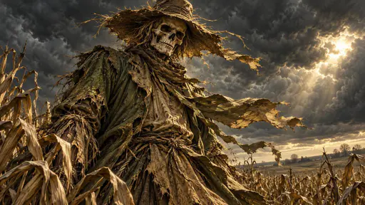 A skull-faced scarecrow in a straw hat standing in a dry cornfield under dark storm clouds.