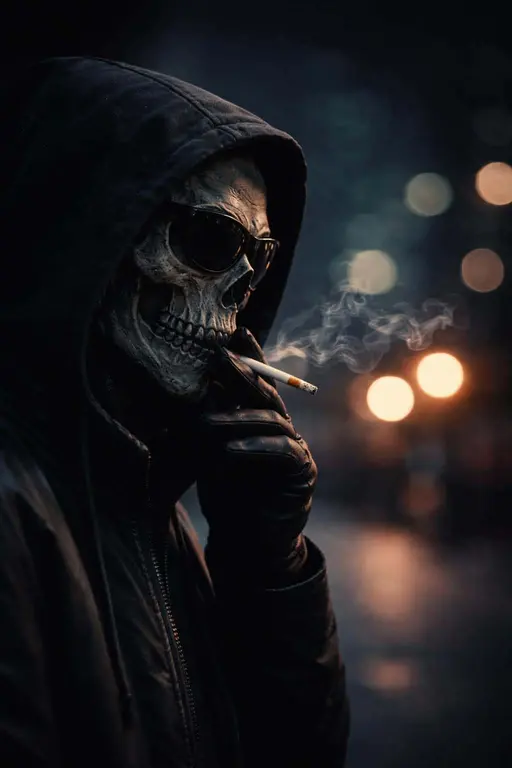 Close-profile portrait of a hooded skull-masked figure in a moody street-photography style, with neon-lit bokeh and visible cigarette smoke for wallpaper use.