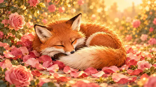 A cozy sleeping fox is curled up among soft rose petals with russet fur and a fluffy white tipped tail wrapped around it in warm gentle light.