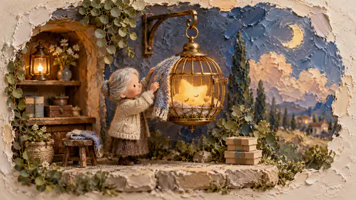 A miniature scene of a small sleeping golden star curled in a round brass birdcage hung from a hook, giving a faint warm glow, while a very small old shopkeeper with a silver bun and cream cardigan tucks a knitted blanket over the cage at dusk.