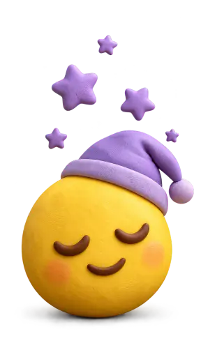 A sleepy plump pillowy yellow clay smiley head with fingertip dents, closed crescent eyes, a calm smile, a tiny nightcap and a few clay stars, isolated on a transparent background.