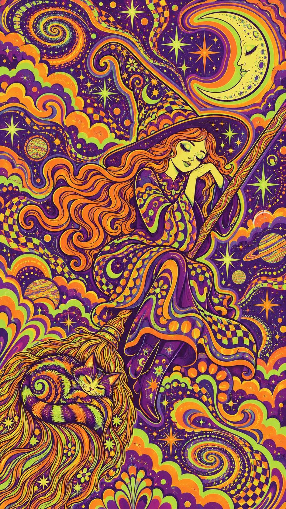 A cute witch in a pointed hat dozes off on her broomstick with her head tilted and eyes closed and her cat curled in the bristles drifting through a starry night sky past a crescent moon.