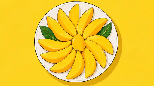A ripe yellow mango cut into a radiating starburst sits on a round white plate with two green leaves on a sunny yellow table seen from above.