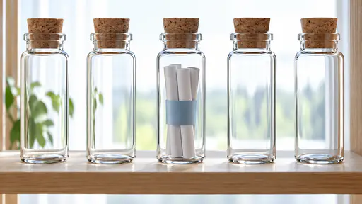 A slim clear glass vial with a cork stopper on a pale wooden shelf holds a neat roll of blank paper letters bound with a plain pale blue paper band, three letters visible, in bright diffused backlight.