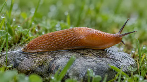 A glistening orange-brown slug glides across a flat wet grey pebble in short dewy grass with its body stretched in side view, its upper tentacles extended and a thin silver trail behind it, the whole slug visible with a shallow focus plane in cool overcast light.
