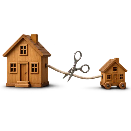 Cutting the cord: a small wooden house on wheels pulls away from a larger house as scissors cut the thick tether cord between them, isolated on transparency.