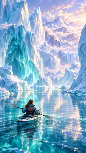A kayaker paddles a small kayak among towering blue and white icebergs in a serene arctic bay with still teal water, soft pale light and distant snowy mountains.