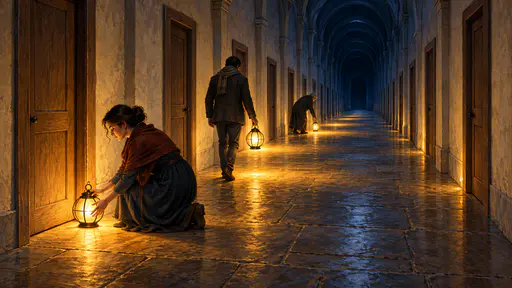 Small kindnesses warm a long corridor — in a wide painted hallway, one neighbour kneels to set a small glowing lamp outside another person's door while a second carries a lit lamp toward the next dark doorway; their warm pools of light overlap into one continuous golden path along the stone floor while the far end stays cold and blue. Modest helpful acts can improve a shared environment.