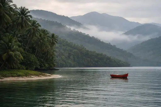 A faithful landscape-photography recreation of a misty tropical lagoon with palms, a low sandy spit and a single red boat, composed for a 3:2 wallpaper crop.