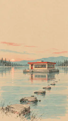 A modest roadside diner stands on its own concrete slab floating on a perfectly still lake at dawn with stepping stones leading across the water and tall pines on the far shore in a marker sketch.