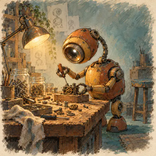 A small round bodied robot with an oversized lens eye leans over a cluttered wooden workbench holding a tiny screwdriver beside jars of screws and loose gears.