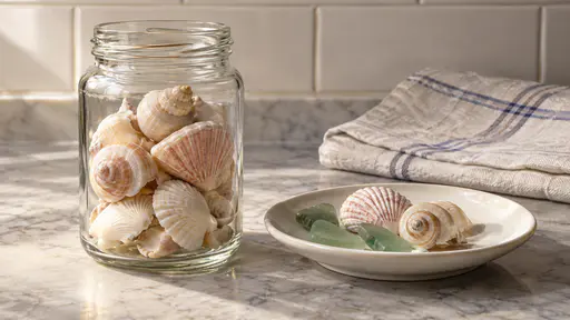A clear unlabelled glass jam jar filled with a dozen small cream and pale pink shells stands on a kitchen counter beside a saucer of shells and green sea glass in warm side light.