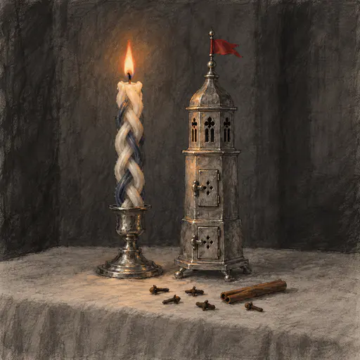 A small tall silver spice box shaped like a tower with a flag stands beside a lit braided candle, cloves and a cinnamon stick on a table in grey brush blocks.