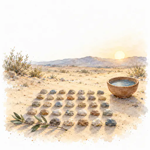 Rows of small stones on pale desert sand with an olive branch across the front row, a clay bowl of water and a low sun behind a ridge in soft olive watercolor.