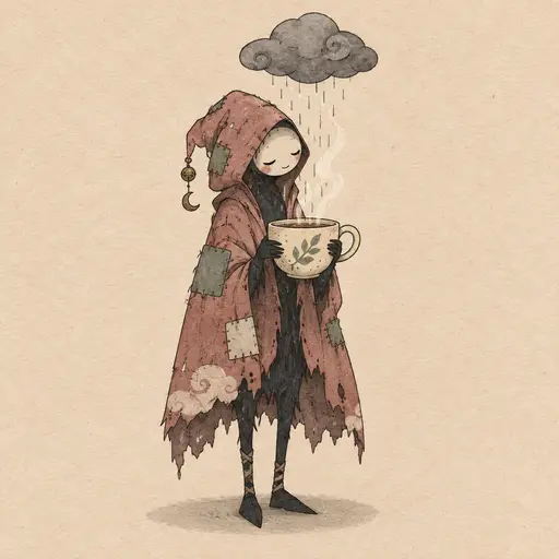 Ink and gouache character study of a gentle storm spirit holding an oversized teacup, its steam forming a small cloud that rains back into the cup.