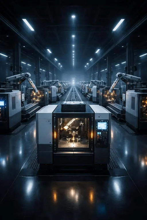 Night interior view of a smart factory captured as architectural photography, machines softly illuminated by cool LEDs and warm status lights, framed for poster use.
