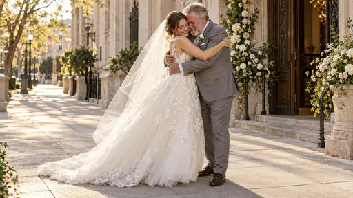 A bride smiling as her older father in a suit hugs her with tears in his eyes.