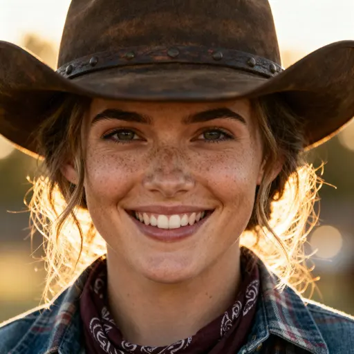 A stunning, artistic and creative 1:1 portrait photograph of a smiling cowgirl, evoking warm natural light, cinematic depth, and expressive character. Focus on authentic Western attire, gentle smile, and textured details in hair, hat, and l