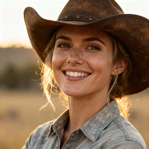 A captivating, artistic photograph of a smiling cowgirl in a creative style. Close-up portrait with warm natural lighting, expressive eyes, and a genuine smile. Rustic Western clothing and hat, subtle cinematic color grading, shallow depth‑