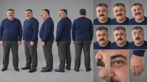 A 16:9 studio character sheet of a heavyset man with a wide moustache in a navy sweater, grey trousers and black shoes, shown in five full-body views, six expressions and three close details.